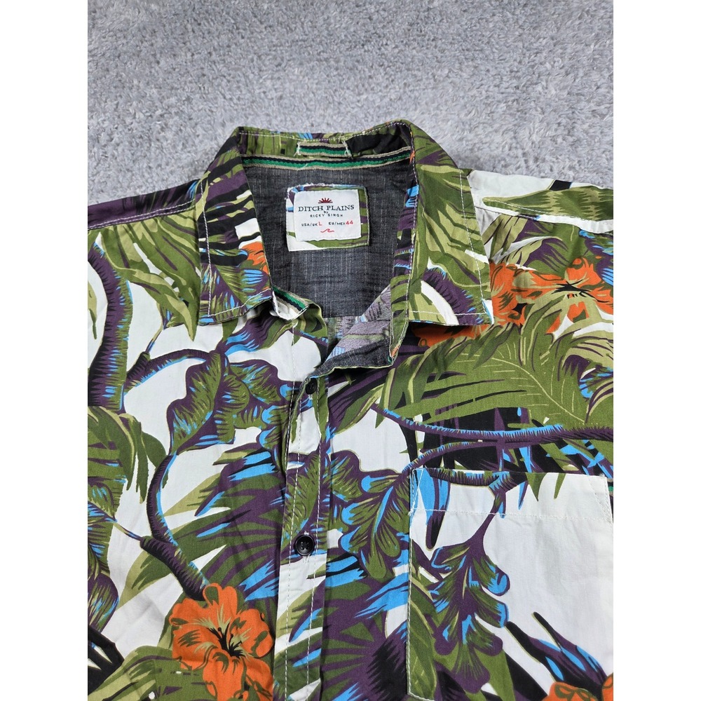 Ditch Plains Ricky Singh Mens Large Tropical Floral Palm Leaf Button‎ Down Shirt